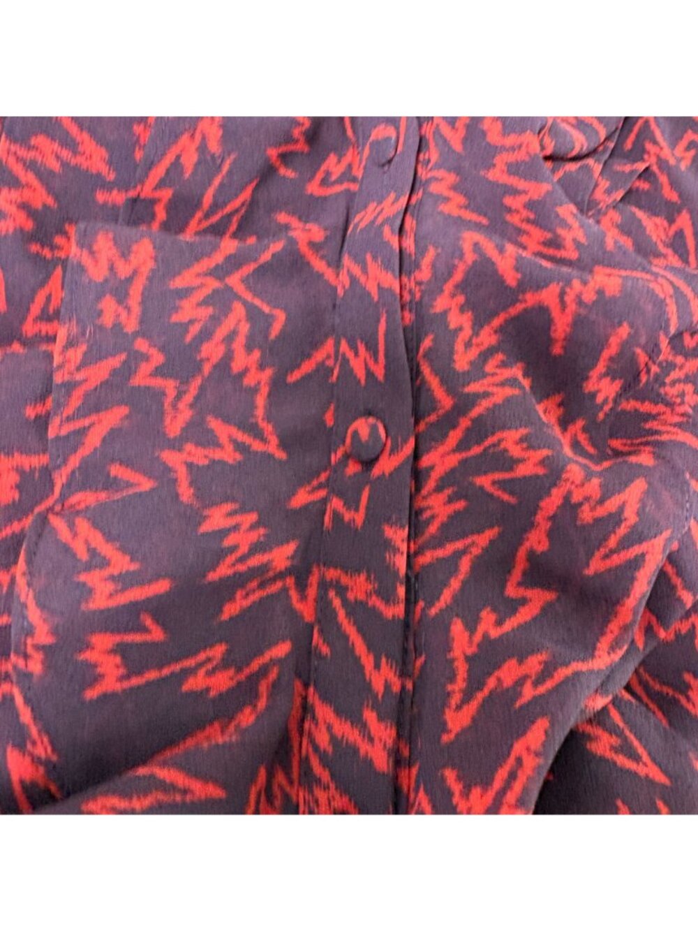 Reiss Pippa Ruffled Zig Zag Printed Blouse Womens 12 Red Semi-Sheer Top - Picture 8 of 12
